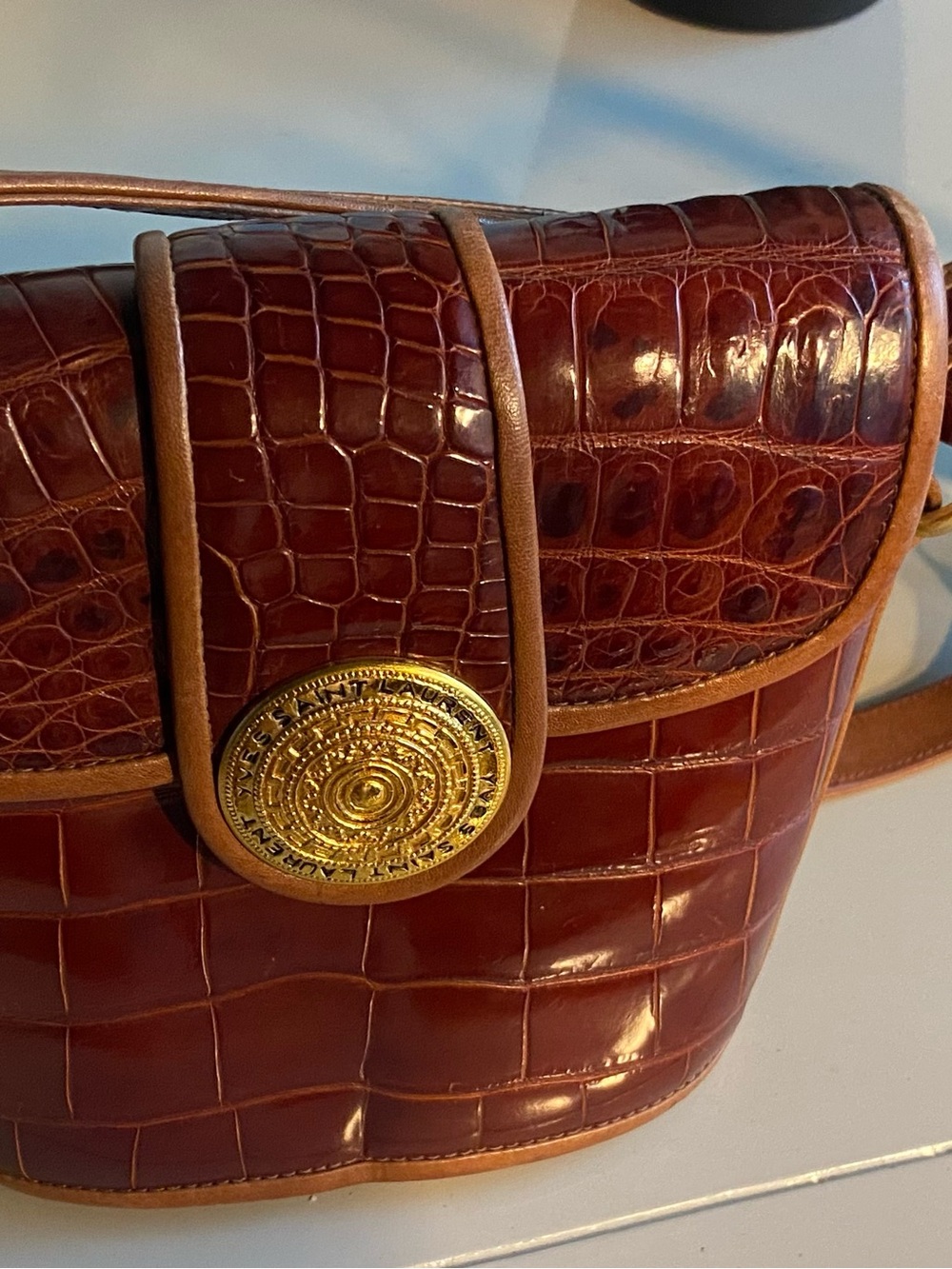 Saint Laurent Vintage-Crocodile Leather Crossbody in Rich Brown with Gold Medal